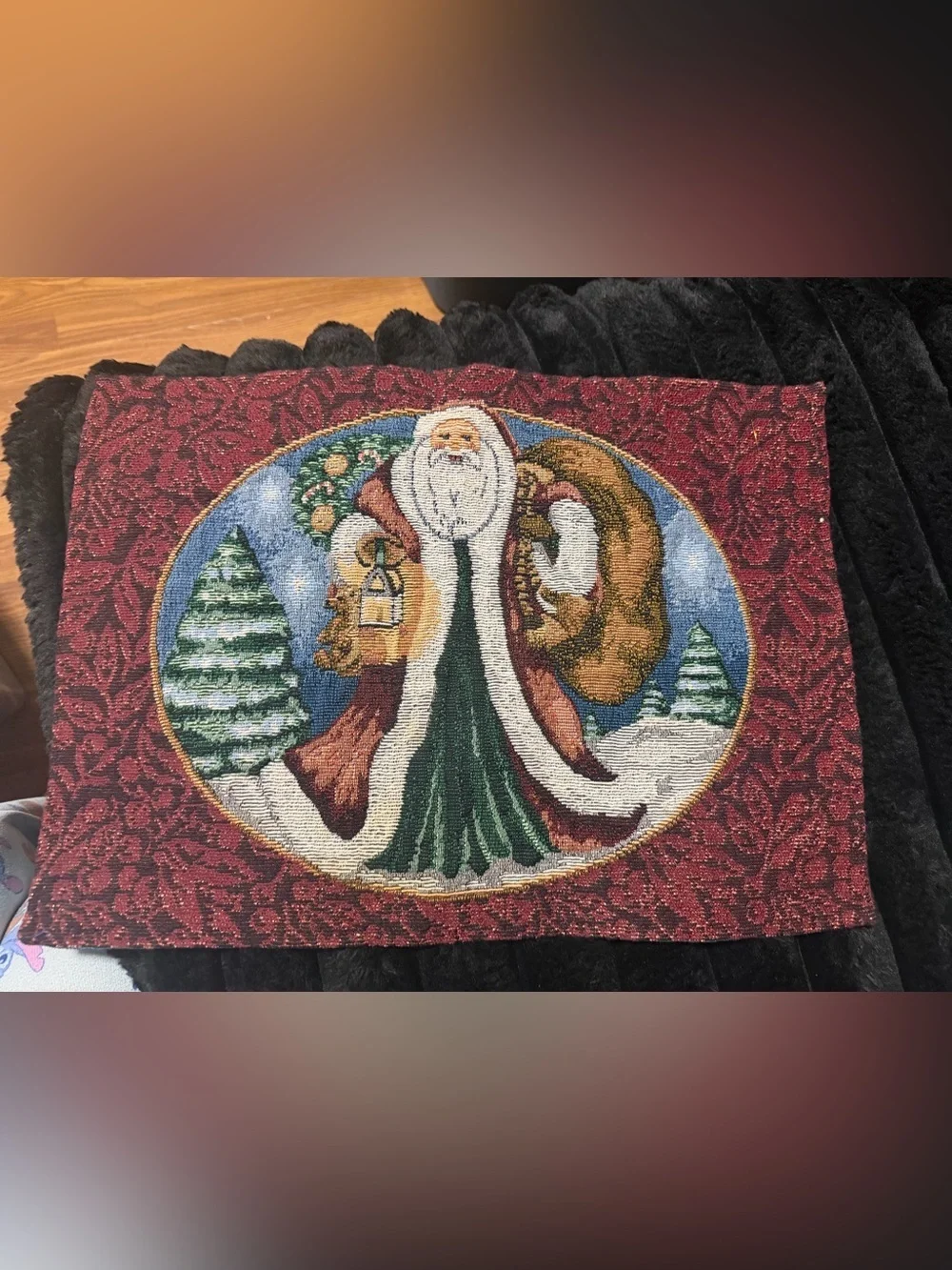 Christmas-themed tapestry placemat featuring an Old World Santa Claus design